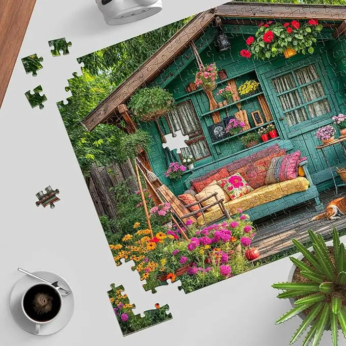 1000 piece puzzle for adults featuring a teal wooden garden shed with hanging flower baskets and colorful cushions