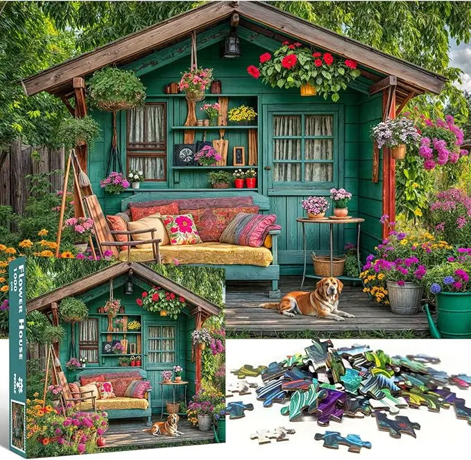 1000 piece puzzle for adults featuring a teal wooden garden shed with hanging flower baskets and colorful cushions