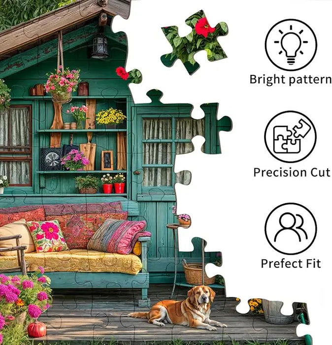 1000 piece puzzle for adults featuring a teal wooden garden shed with hanging flower baskets and colorful cushions
