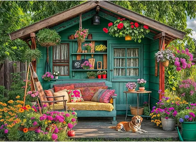 1000 piece puzzle for adults featuring a teal wooden garden shed with hanging flower baskets and colorful cushions