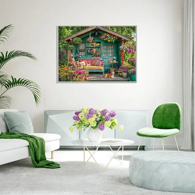 1000 piece puzzle for adults featuring a teal wooden garden shed with hanging flower baskets and colorful cushions