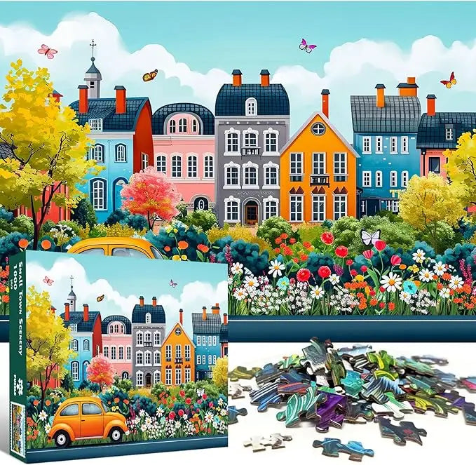 Vibrant orange vintage car among colorful garden flowers and trees in a 1000 piece puzzle for adults