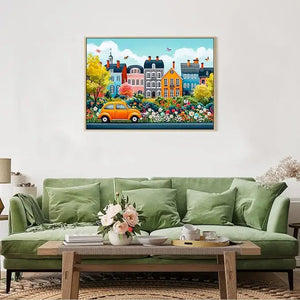 1000 piece puzzle for adults featuring a colorful cartoon canvas print of a yellow vintage car and pastel houses