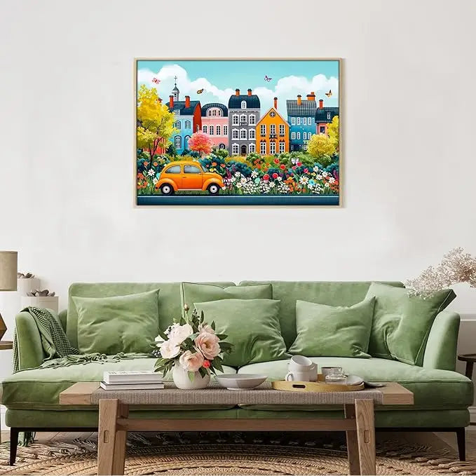 Vibrant orange vintage car among colorful garden flowers and trees in a 1000 piece puzzle for adults