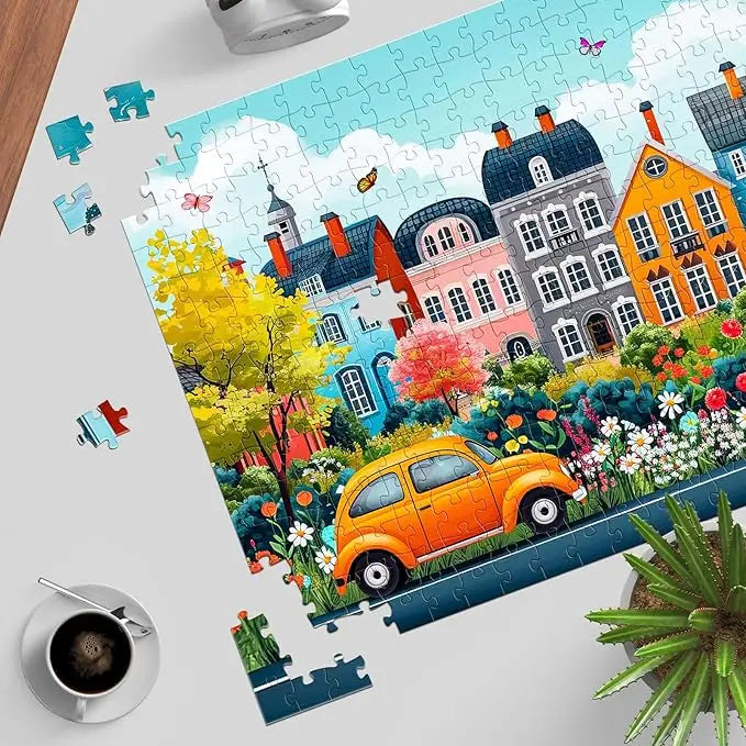 Vibrant orange vintage car among colorful garden flowers and trees in a 1000 piece puzzle for adults
