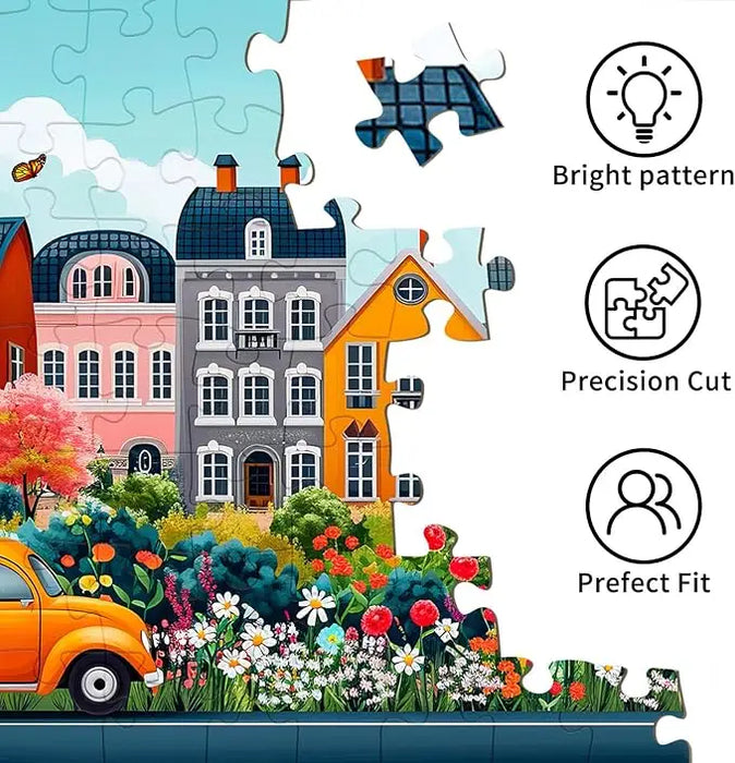 Vibrant orange vintage car among colorful garden flowers and trees in a 1000 piece puzzle for adults