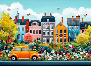 Vibrant orange vintage car among colorful garden flowers and trees in a 1000 piece puzzle for adults