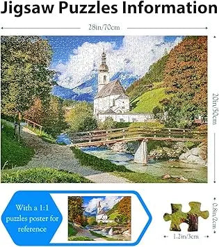A 1000-piece mistu jigsaw puzzle featuring an autumn church forest mountain landscape with vibrant fall foliage and a wooden bridge