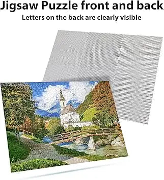 A 1000-piece mistu jigsaw puzzle featuring an autumn church forest mountain landscape with vibrant fall foliage and a wooden bridge