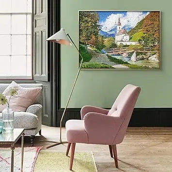 A 1000-piece mistu jigsaw puzzle featuring an autumn church forest mountain landscape with vibrant fall foliage and a wooden bridge