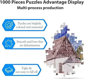 A 1000-piece jigsaw puzzle for adults featuring a brightly colored rustic house with a thatched roof and trees