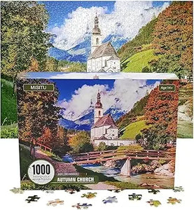 A 1000-piece mistu jigsaw puzzle featuring an autumn church forest mountain landscape with vibrant fall foliage and a wooden bridge