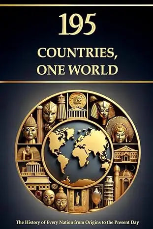 Golden globe encircled by iconic landmarks and ancient faces on dark background in 195 Countries one World history book cover