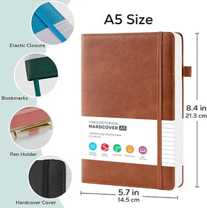 Brown leather hardcover a5 lined notebook with elastic closure and pen holder for work and journaling in a 2 pack