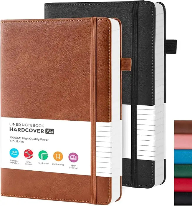 Brown leather-bound a5 hardcover lined notebook with stitched edges and elastic band for work journal diary pack