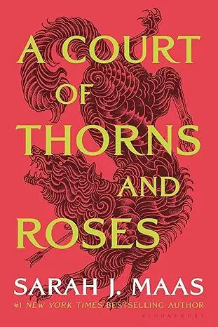 A vibrant red book cover of a court of thorns and roses featuring intricate gold lettering and a black and red dragon illustration