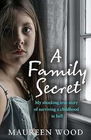 A family secret book cover showing a young girl with long brown hair and denim top by Maureen Wood