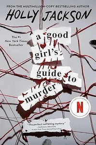 The book cover for a good girls guide to murder features bold black text on torn white paper with red barbed wire background
