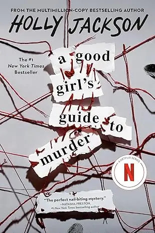 The book cover for a good girls guide to murder features bold black text on torn white paper with red barbed wire background
