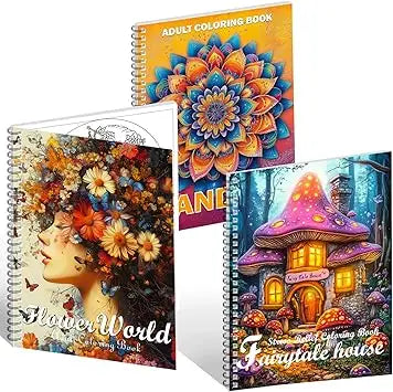 Aannanl adult coloring book set with three spiral-bound books featuring floral portrait, mandala, and mushroom house designs
