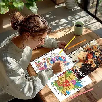Aannanl adult coloring book set with three spiral-bound books featuring floral portrait, mandala, and mushroom house designs