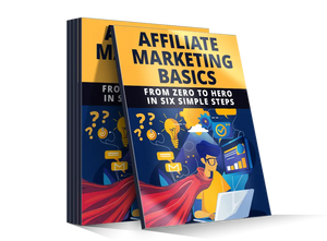 Yellow and navy blue book titled affiliate marketing basics featuring a cartoon superhero on the cover