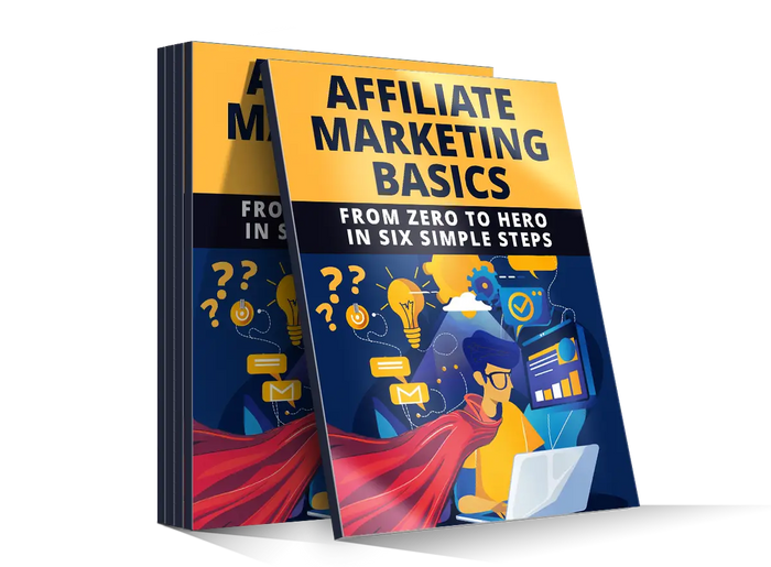 Yellow and navy blue book titled affiliate marketing basics featuring a cartoon superhero on the cover