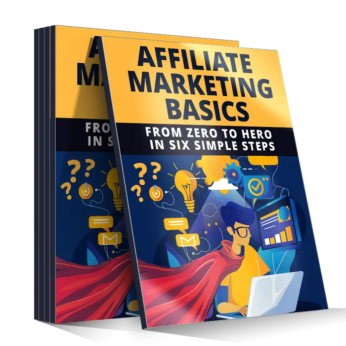 Yellow and navy blue book titled affiliate marketing basics featuring a cartoon superhero on the cover