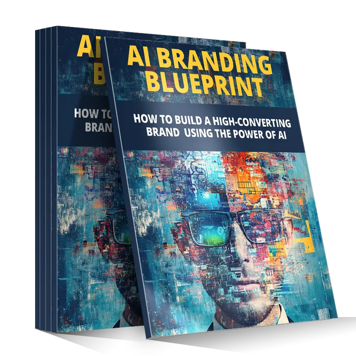 Ai branding blueprint book with vibrant abstract cover showing a face in glasses and colorful digital circuitry patterns