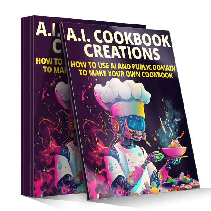 A vibrant purple hardcover cookbook titled AI Cookbook Creations focused on AI in product development