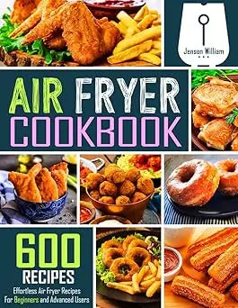 Air fryer cookbook with 600 recipes featuring vibrant food photos and a modern colorful design for easy cooking