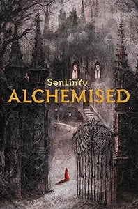 Alchemised gothic cathedral featuring dark intricate spires and arched windows with a lone red figure by an iron gate