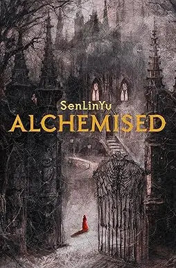 Alchemised gothic cathedral featuring dark intricate spires and arched windows with a lone red figure by an iron gate