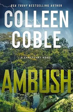 The book cover of Ambush features bold textured yellow title with forest and stormy skies background