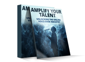 Blue and black book titled amplify your talent featuring a silhouette singing into a microphone with swirling smoke background