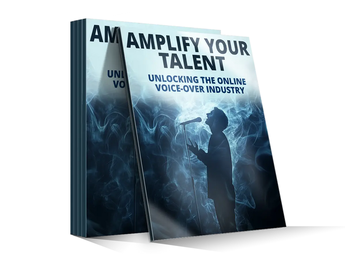Blue and black book titled amplify your talent featuring a silhouette singing into a microphone with swirling smoke background