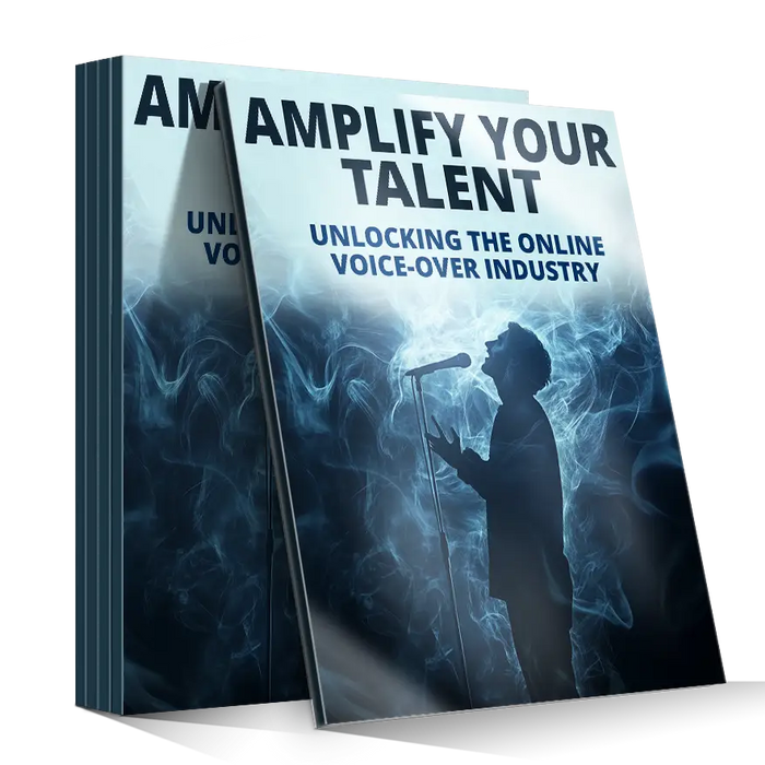Blue and black book titled amplify your talent featuring a silhouette singing into a microphone with swirling smoke background