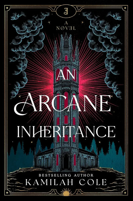 The book cover of An Arcane Inheritance features a gothic-style tower with red glowing windows and black and gold details