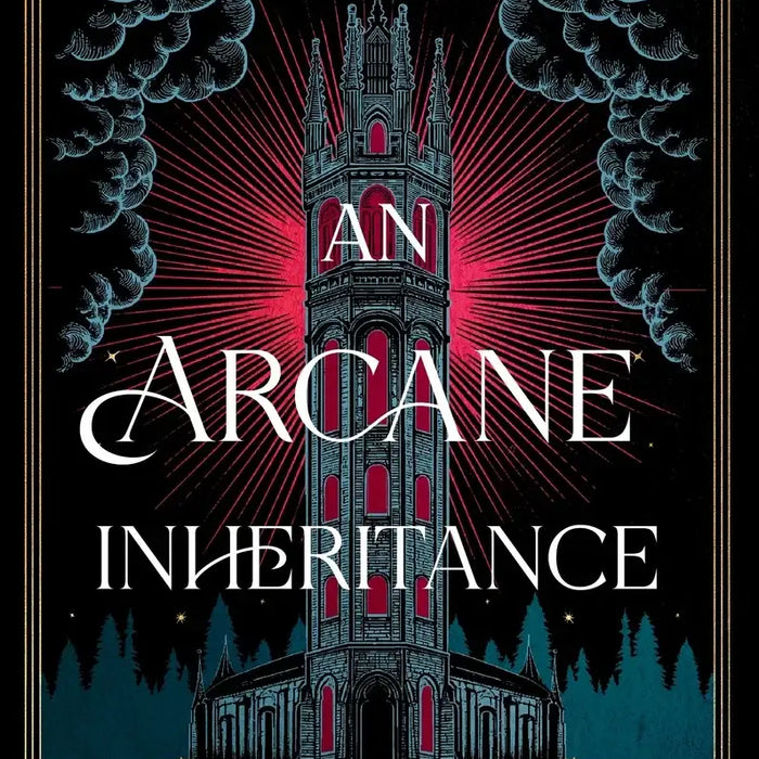The book cover of An Arcane Inheritance features a gothic-style tower with red glowing windows and black and gold details