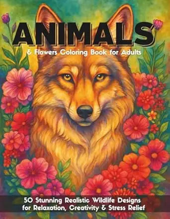 A vibrant coloring book for adults featuring an illustrated golden-brown wolf with amber eyes and floral borders