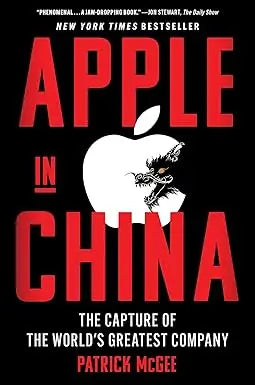 Red hardcover book apple in china by patrick mcgee featuring black and white apple logo with dragon design
