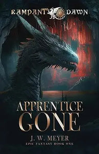 Apprentice gone rampant dawn epic fantasy book cover featuring a dark scaled dragon with glowing red eyes in a fiery cavern