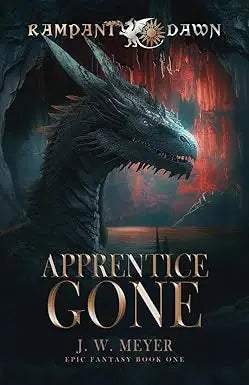 Apprentice gone rampant dawn epic fantasy book cover featuring a dark scaled dragon with glowing red eyes in a fiery cavern