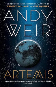 The book cover of artemis by andy weir features a dark blue starry background with bold gold lettering