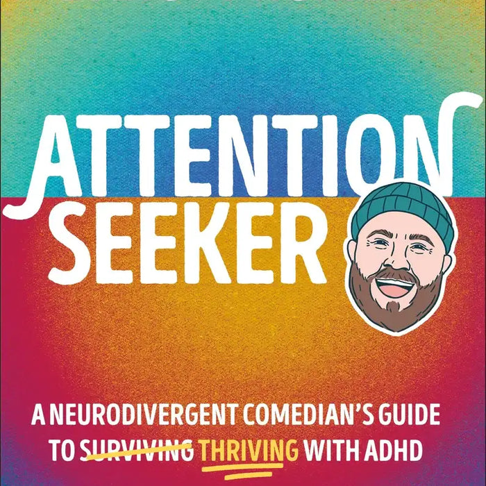 Vibrant rainbow gradient book cover of attention seeker by darcy michael with cartoon man in green beanie smiling