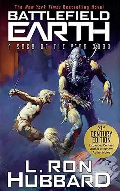 The cover of the 21st century edition paperback novel Battlefield Earth by L featuring futuristic sci-fi art
