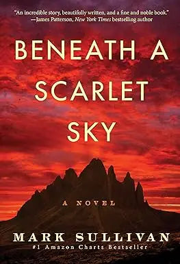The book cover of Beneath a Scarlet Sky features bold gold lettering against a red and orange sky with dark mountains