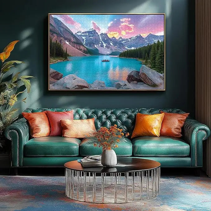 Blueforest moraine lake 1000 piece puzzle showing a turquoise lake with snow-capped mountains and a boat at sunset