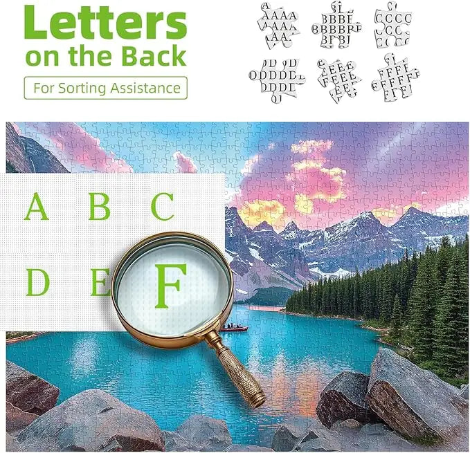 Blueforest moraine lake 1000 piece puzzle showing a turquoise lake with snow-capped mountains and a boat at sunset