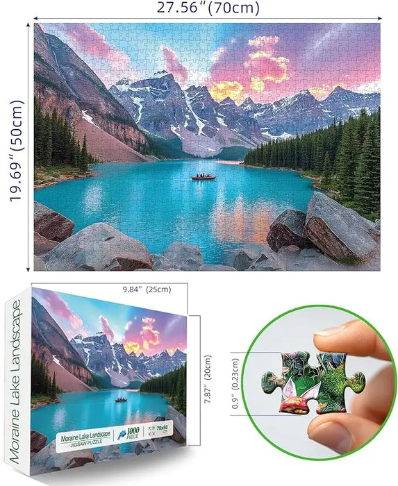 Blueforest moraine lake 1000 piece puzzle showing a turquoise lake with snow-capped mountains and a boat at sunset